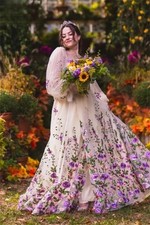 Long Puff Sleeve Floral Embroidery Tulle Wedding Dresses Boho Garden A Line Gown