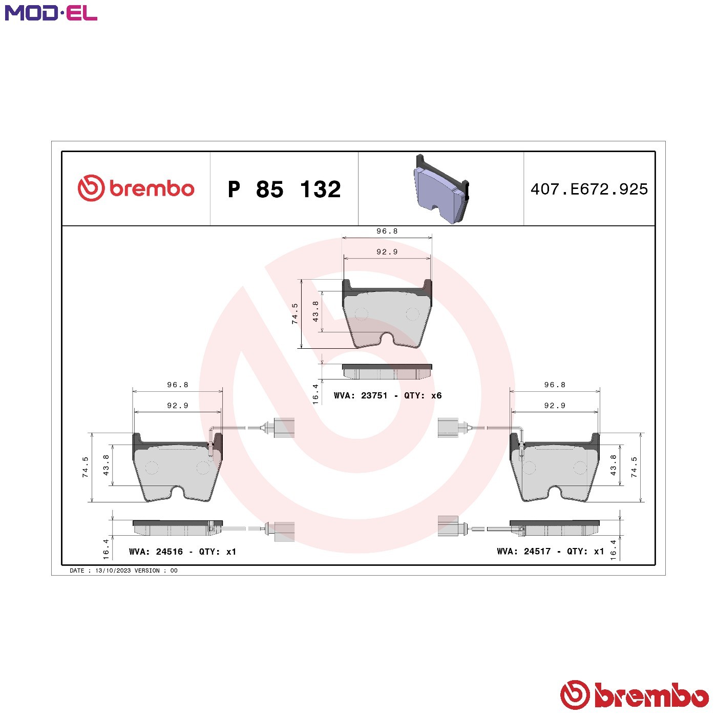 BRAKE PAD SET DISC BRAKE P 85 132 FOR AUDI A4/S4/Convertible BNS 4.2L 8cyl A4