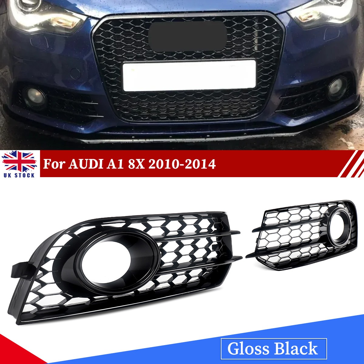 Gloss Black Front Bumper Fog Light Grille Cover For AUDI A1 8X 2010-2014 UK