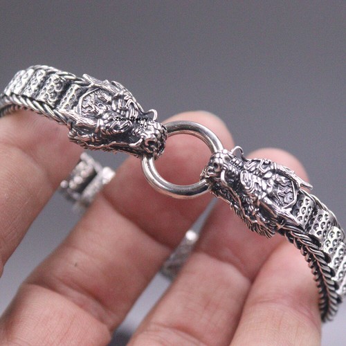 Solid S925 Sterling Silver 925 Chain Dragon 9mm Tube Link Bracelet 49-50g 7.9in - Picture 6 of 8