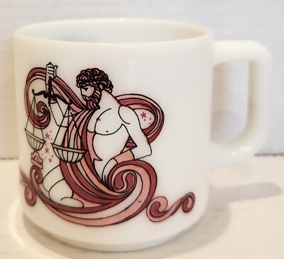 Vintage Libra 1976 Zodiac Sign Vintage Milk Glass Cup Mug Beverly KMA Scales 