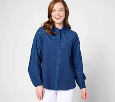 Denim Co Canyon Retreat Mixed Media Button Front Shirt-Night Sky-Medium-A633557