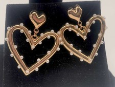 Pale Rose Gold Tone Heart Shape Dangle Pierced Earrings Simulated Pearl Accents