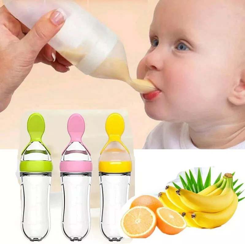 Baby Silicone Squeeze Feeding Bottle Baby Feeder With Spoon Food, Rice –  Kybo's Baby Clothing