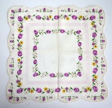 VINTAGE HANKIE 1950s OLD NEW STOCK FLORAL PRINT VINES OF PURPLE TULIPS NEW