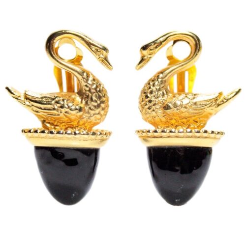 Vintage Gold Tone Swan Motif & Black Onyx Clip-On Statement Earrings - Picture 1 of 4
