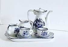 Vintage Porcelain Dollhouse Swiss Teapot Or Coffee Set  Tray, Blue, White