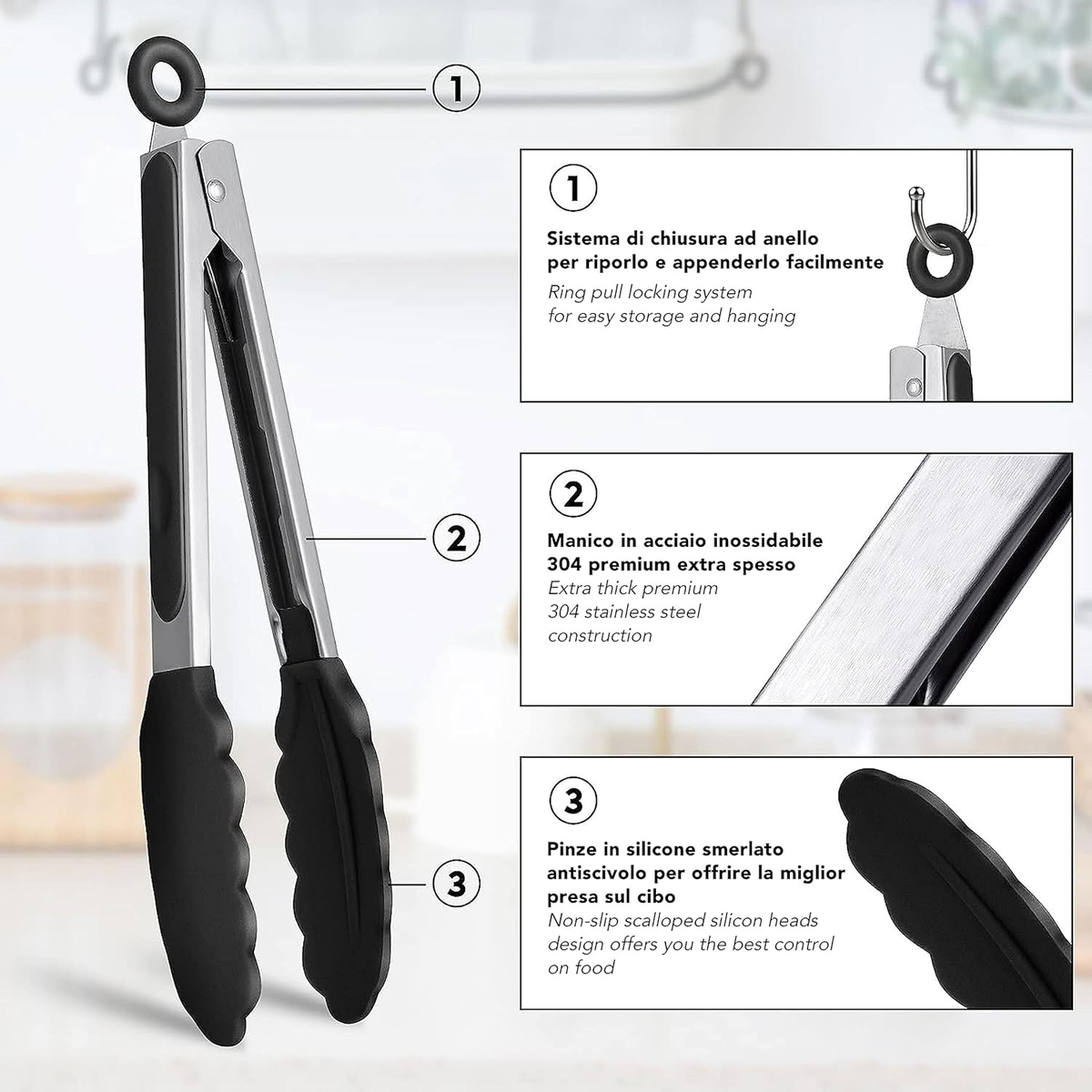 Accessori Cucina Professionali 2 Pinze Da Cucina In Acciaio Inox E Silicone - Resistenti Al Calore, 27 Cm Pinze Per Cucina