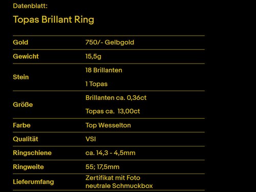 Schicker Topas Brillant Ring ca. 13,36ct 15,5 750/- Gelbgold - Bild 7 von 8