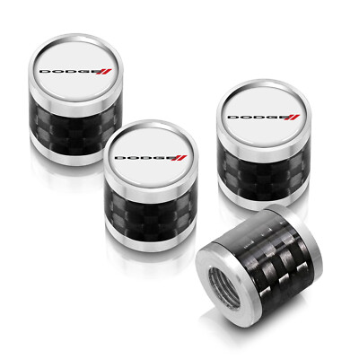Dodge in White Carbon Fiber Barrel Silver Aluminum Tire Valve Caps