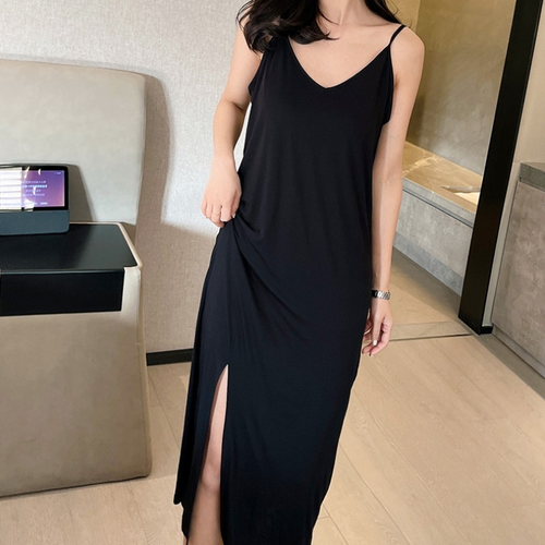 Sexy Dama Midi Vestido sin Mangas Camisón Enagua Correa de Espagueti Prendas para dormir Abertura - Imagen 3 de 13