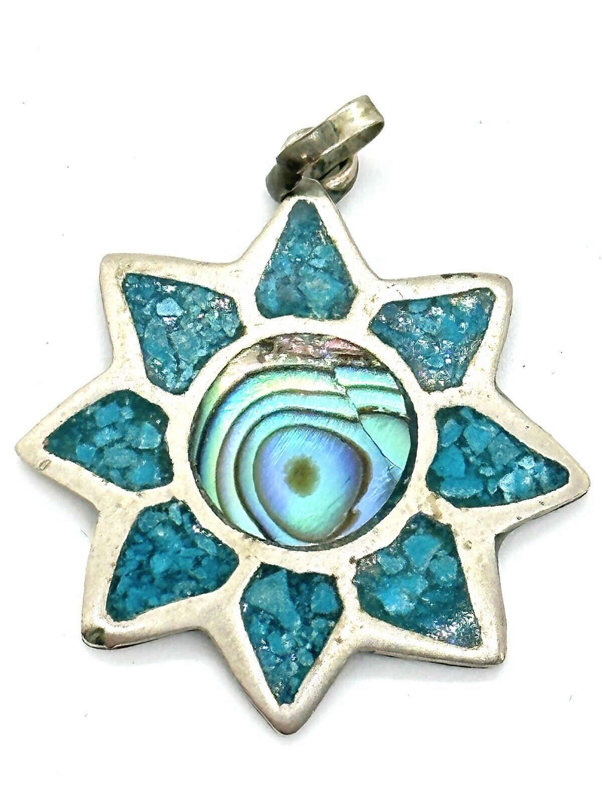 Vintage Mexican Silver Turquoise & Abalone Sun De… - image 2