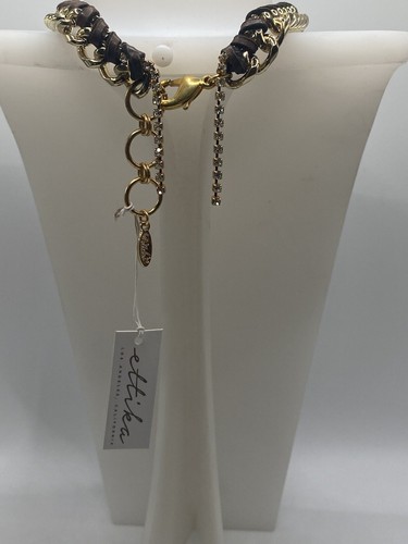Collana catena Ettika placcata oro 18 kt con tessuto in pelle marrone nuova con etichetta. - Foto 2 di 5