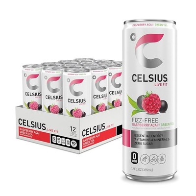CELSIUS Fizz Free Raspberry Acai Green Tea, Sugar Free Energy Drink, 12 Fl Oz