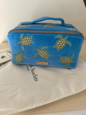 NEU Elizabeth Scarlett karibikblau Samt Schildkröte offen flach Make-up Tasche Make