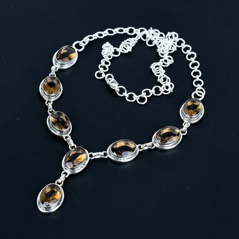 Brown Smoky Quartz Gemstone 925 Sterling Silver Jewelry Necklace Size-17-18" - Image 3 of 4