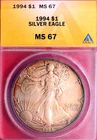 ANACS MS-67! 1994 SILVER EAGLE HINT OF RAINBOW TONING