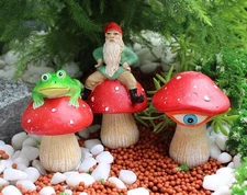 Miniature Fairy Garden S/3 Mushroom Picks w/ Gnome, Eye & Frog - Buy 3 Save $