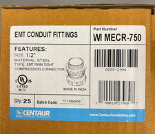 (Qty 25) CENTAUR WI MECR-750 EMT 1/2"Raintight Compression Type Steel Connectors