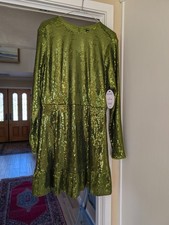 NWT. SCOOP Green Sequins Fit and Flare Long Sleeve lined Dress Size L