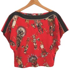 AUTHENTIC HERMES Kachinas Boat Neck Raglan Short sleeve T-shirt Red cotton
