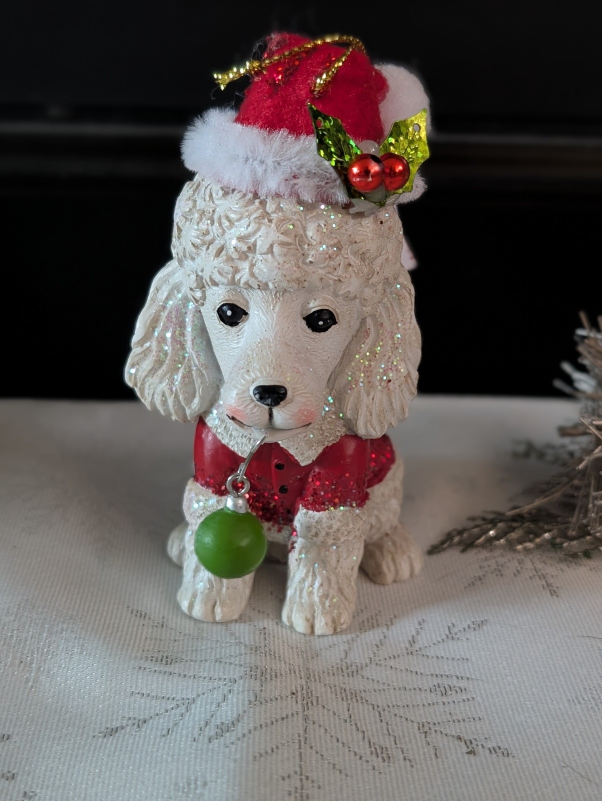Pier 1 Christmas Poodle Dog Ornament Santa Hat Glitter Red Coat Holiday Decor