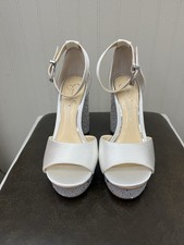 White Satin Open Toe Platform Bridal Heels with Silver Glitter and Ankle Strap