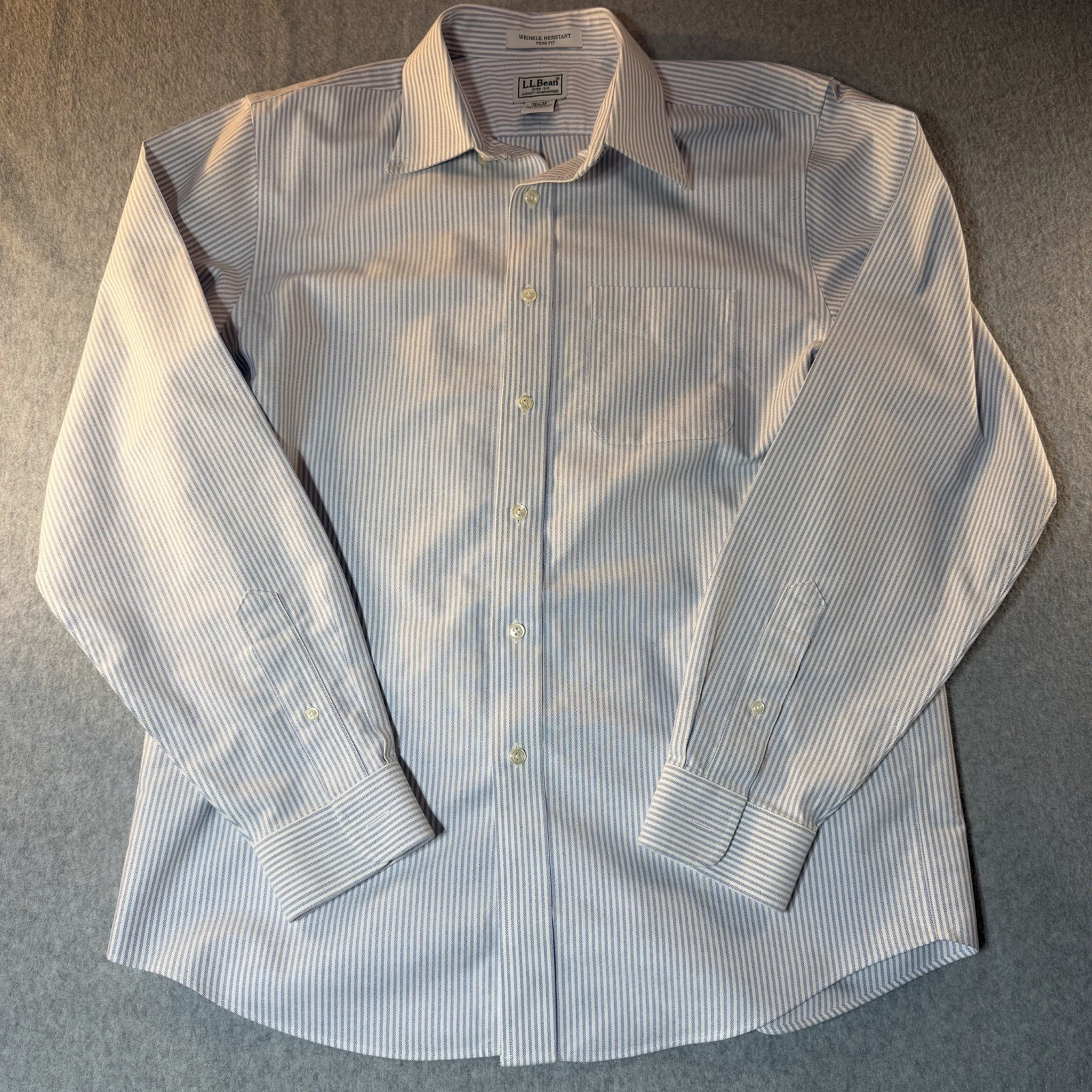 LL Bean Dress Shirt Mens 15.5 35 Grey Stripe Wrinkle Free Traditional Fit Cotton