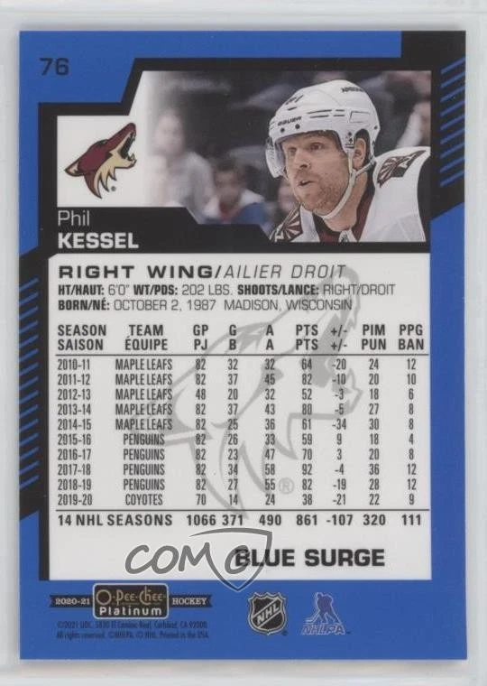 2020-21 O-Pee-Chee Platinum Blue Surge Phil Kessel #76 - Image 2 of 2