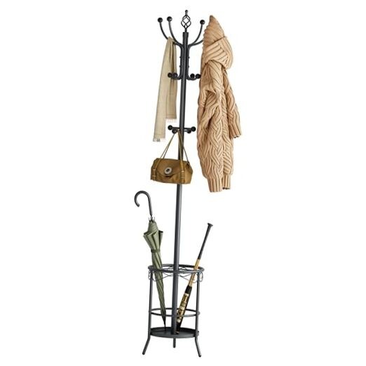 12-Black Hook Coat Rack Stand with Umbrella Holder for Entryway