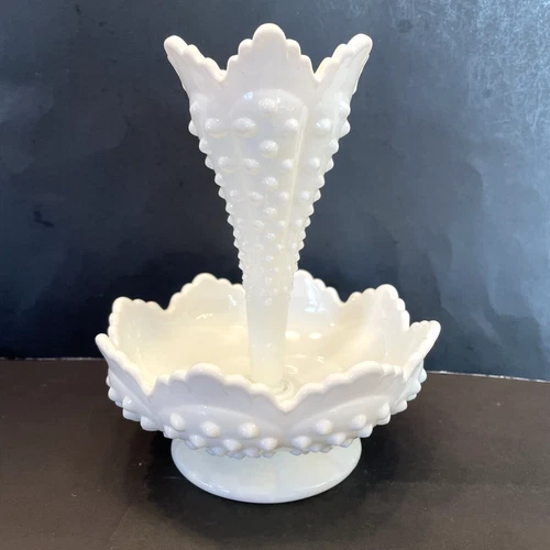 Fenton Hobnail Epergne White Milk Glass Single Horn Vintage Scalloped
