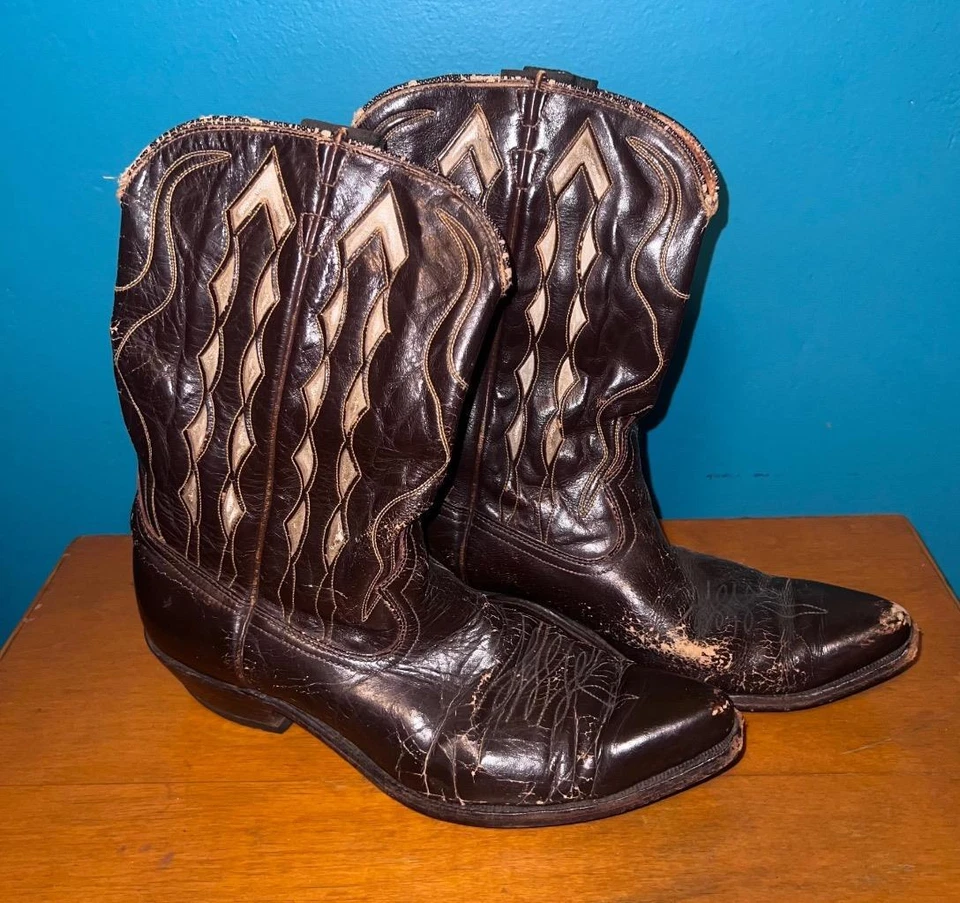 Botas de Vaquero ACME Con Incrustaciones Años 50 De Colección 7.5 D Marrón con Incrustación Blanca Hombres Exóticas Foto 2 de 4