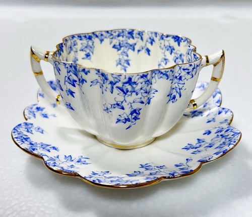 WILEMAN Antique England Foley China Blue Flower Leaves Porcelain Cup & Saucer - Picture 6 of 9