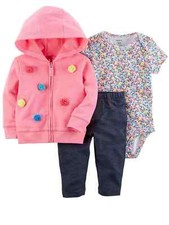 Carters Infant Girls Baby Outfit Pink Pom Flower Hoodie Bodysuit  Leggings Set