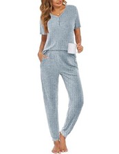 Pajama Sets for Womens Rib Knit Lounge Set Jogger Pants Short Sleeve Sleepwea...