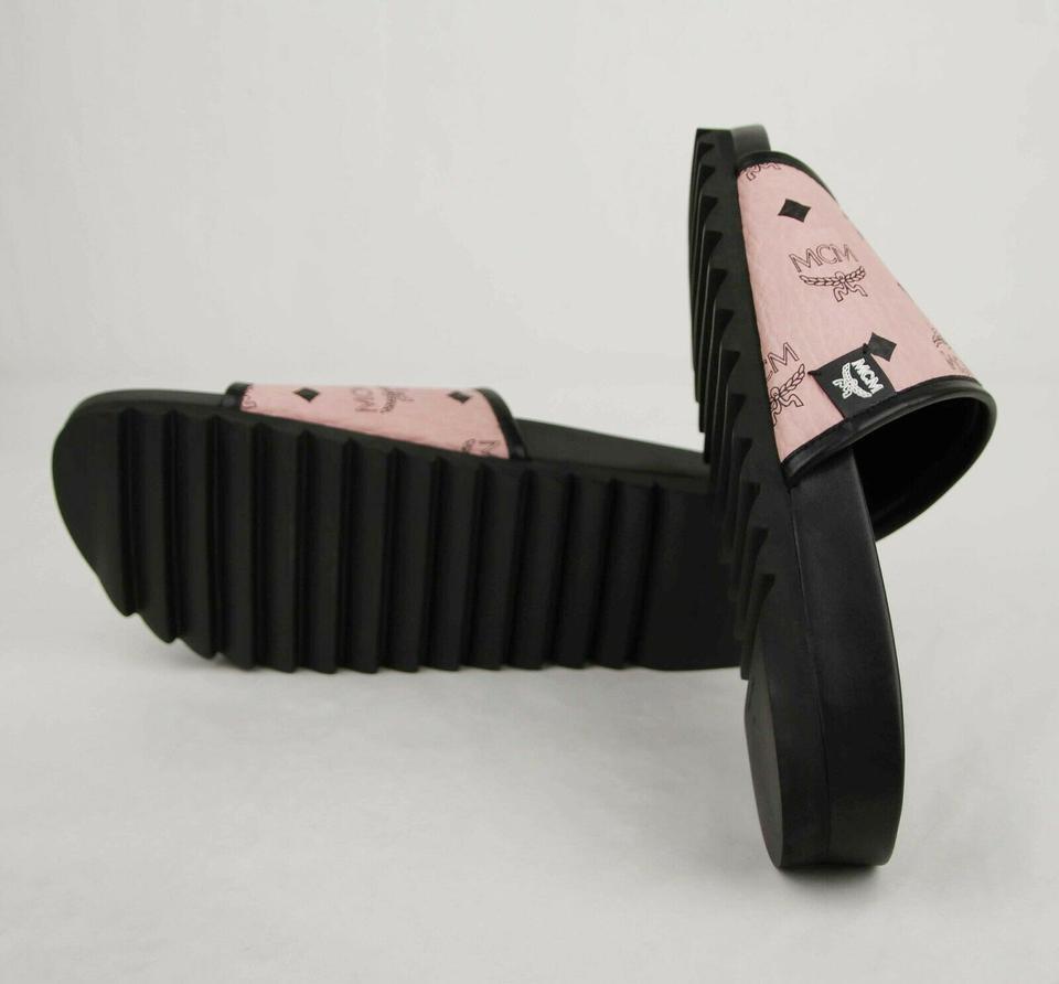 $325 MCM Men Soft Pink Visetos Coated Canvas Slides Sandal