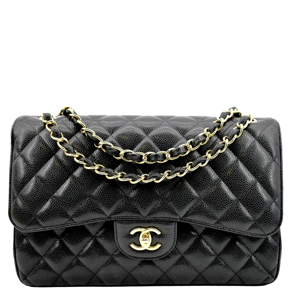 Chanel Black Quilted Caviar Leather Classic Jumbo Double Flap Bag