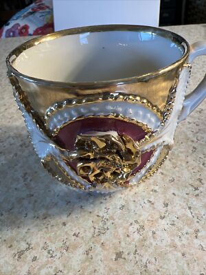 Hand Painted Bohemian Porcelain Tea Cup Burgundy Gold Gild Rose Art Deco Boho 3D