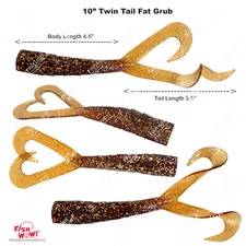 Fish WOW! 4pcs 10" (tail extended Twin Tail Perch Grub Fat Scampi Bait Root Beer