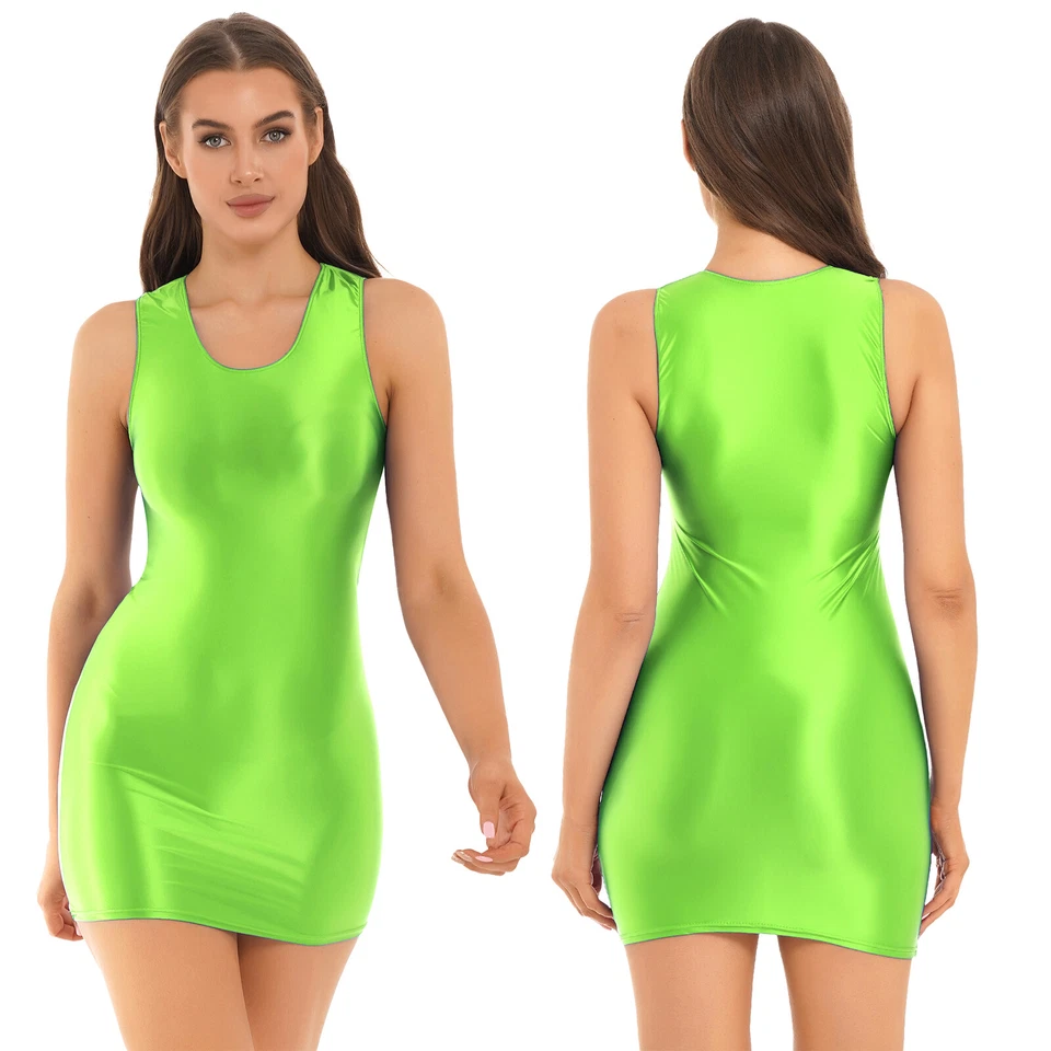 AGOKY DE Damen Kleid Bodycon Glossy Nylon Schulterfrei Bleistift Sexy Minikleid Party