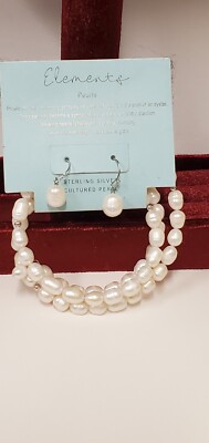 Elements 925 Sterling Silver 3 Spiral Cultured Pearl Bracelet And Earrings Set 