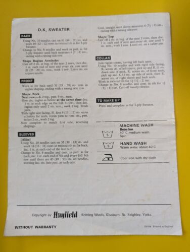 Vintage Hayfield Beaulon 3-ply Jumper Knitting Pattern 1034 (Tkp) - Picture 3 of 3