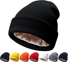 NPQQUAN Unisex Beanie Hats for Men Women Winter Knit Black satin Lined 