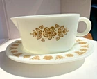 Vintage Pyrex Butterfly Gold Gravy Boat w/ Dish Complete Set 77-B and 77-U White