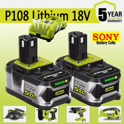 MARKENLOS 2x Original Für Ryobi Akku 18V 5,0Ah HP Lithium ONE Plus RB18L50 P108/Ladegerät