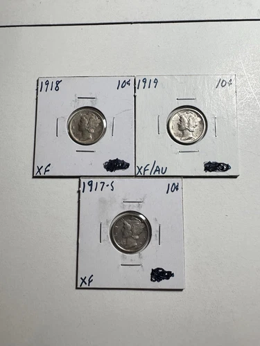 3 mercury dimes- 1917-S XF, 1918 XF, 1919 XF/A