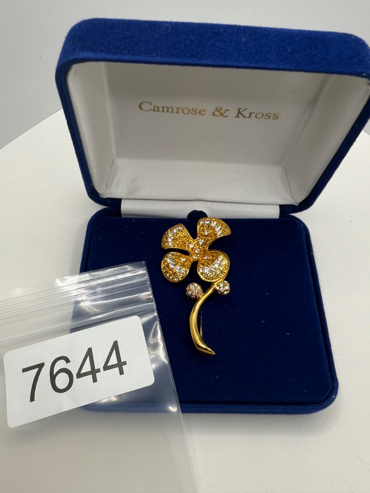 Camrose Kross JBK Flower Brooch Rhinestone Orange Gold tone Signed Boxed