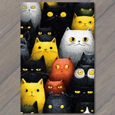 STICKER Black Yellow Cat Crowd Whimsical Feline Faces Spooky Night Kawaii