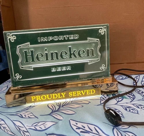 Vintage Heineken Beer Lighted Bar Top Sign 10" x 7" Proudly Served Works!