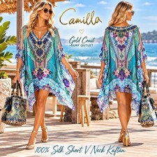 BNWT Camilla Garden State Split Sleeve Crystal Beaded Short Silk Kaftan One Size